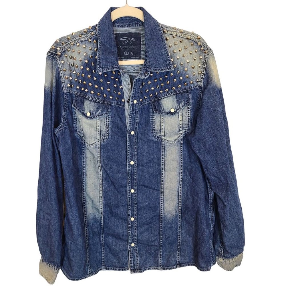 Silver Jeans Womens XL Blue Medium Wash Denim Studded Snap Front Western Shirt